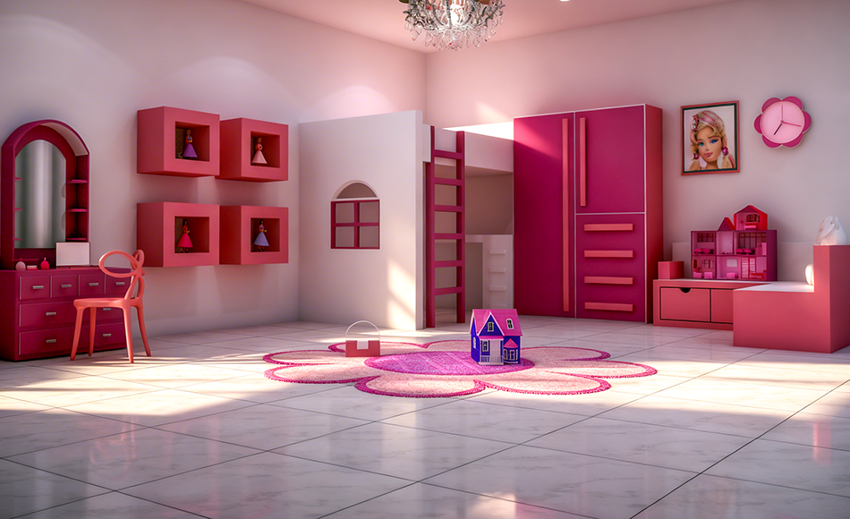 A vibrant and imaginative kids' bedroom design featuring a bold pink and white colour palette. The room includes a custom loft bed, pink modular wall shelving, and a floral area rug, all set upon easy-to-clean white marble-effect porcelain floor tiles from Niro Granite, perfect for a playful and practical child's space.