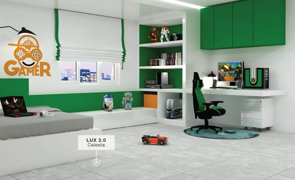 A high-tech gamer-themed bedroom featuring LUX 2.0 Celesta grey porcelain tiles from Niro Granite. The room is styled with vibrant green accents, custom shelving for collectibles, and a professional gaming workstation, showcasing a cool and modern space for a digital-native kid.