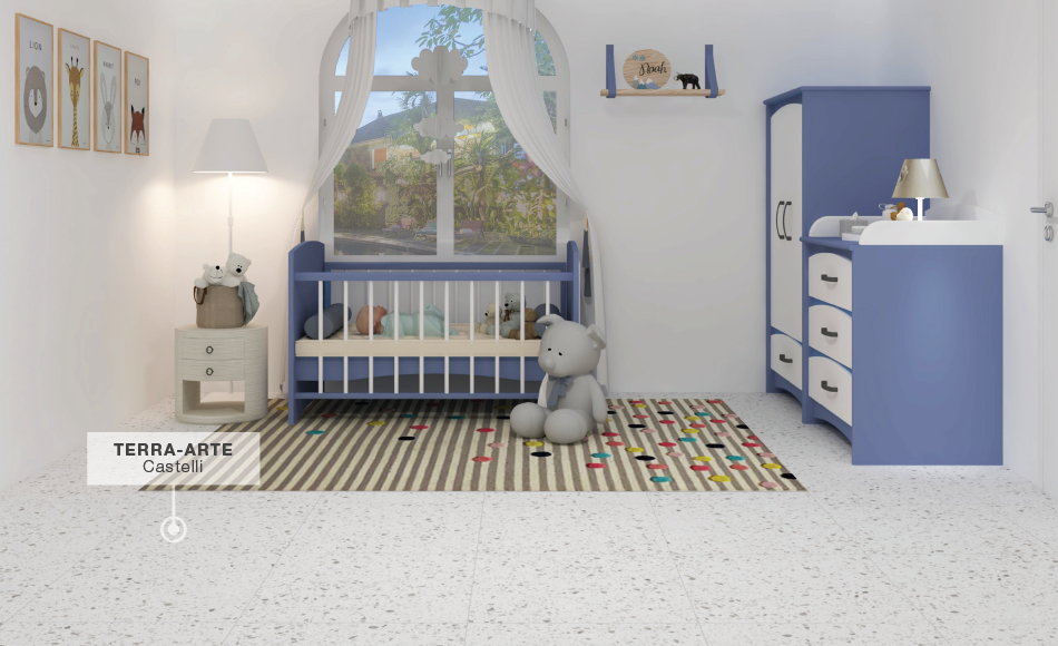 A serene blue and white nursery featuring Terra-Arte Castelli terrazzo-effect porcelain tiles from Niro Granite. The room is styled with a blue crib, matching wardrobe, and a whimsical striped rug, highlighting a clean and safe flooring choice for infants.