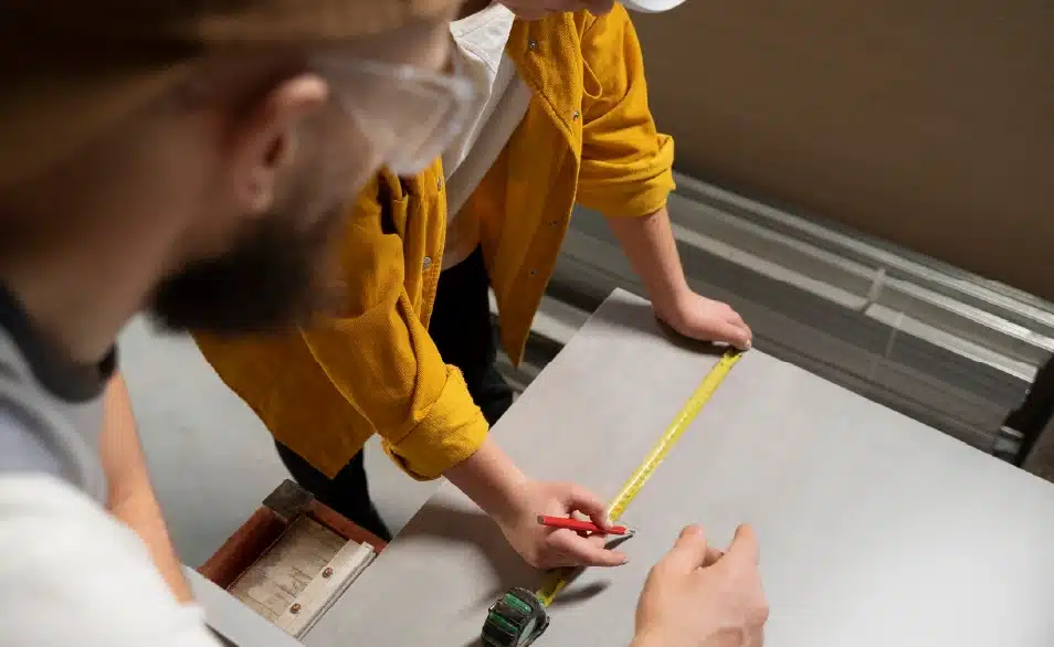 Two workers in safety construction uniforms discussing the intricacies of a grey-coloured tile and the cutting needed to be installed onto the area for decorative reasons at the renovation site.